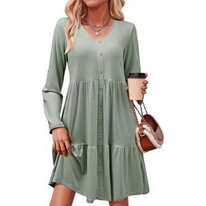 V Neck Button Up Long Sleeve Empire Waist Tiered Mini Dress, 2XL, 5H-138D006